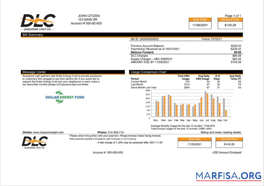 Printable USA Pennsylvania Duquesne Light Company (DLC) utility bill template in Word and PDF format